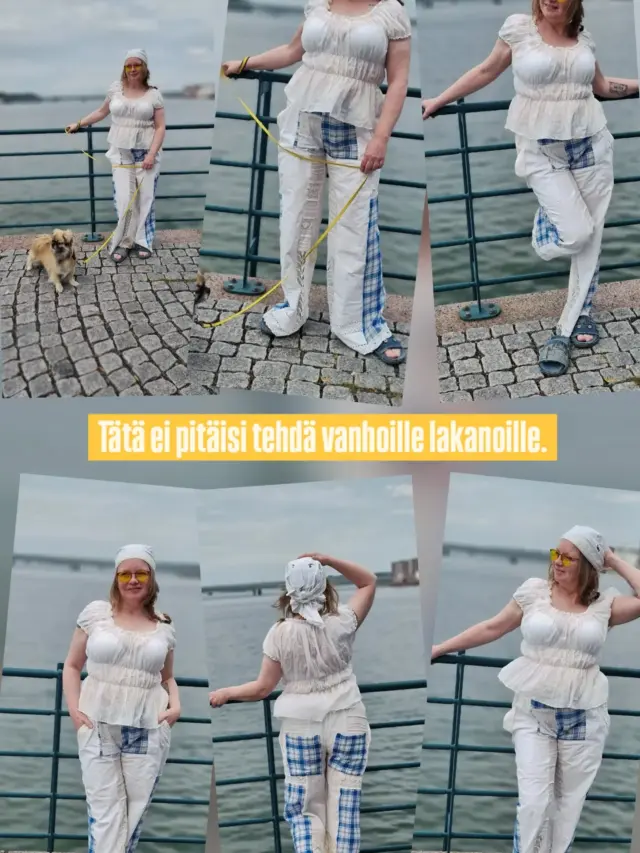 Tätä ei pitäisi tehdä vanhoille lakanoille.

Moni katsoo vanhaa lakanaa, verhoa tai pitsiä ja näkee roskan. Minä näen seuraavat housut.

Nämä tilkkuhousut eivät syntyneet kangaskaupasta. Ne syntyivät tekstiileistä, jotka olivat jo kerran palvelleet. Ensin levitän kaikki materiaalit lattialle kuin tekstiiliarkeologi. Sommittelen, siirtelen, kuvaan ja mietin. Vasta sen jälkeen ompelukone käynnistyy.

Päälläni ei ole vain yhdet tuunatut housut.

✨ Paita on tehty vanhasta verhosta. 
✨ Bandana on vanhasta tyynynpäällisestä. 
✨ Housut ovat vanhojen tekstiilien uusi elämä. 
✨ Myös kengät olen tuunannut.

Minulle kierrätysmuoti ei tarkoita sitä, että ostetaan vähemmän. Se tarkoittaa sitä, että opetellaan katsomaan vanhoja tekstiilejä aivan uudella tavalla.
Ehkä kaikkein arvokkain materiaali löytyykin jo omasta kaapista.

🤍 Kertoisitko kommenteissa: mikä on oudoin materiaali, josta olet tehnyt jotain uutta tai voisitko itse pukea päällesi tällaiset tilkkuhousut?

#kierrätysmuoti #refashion #tekstiiliarkeologia #vaattetuunaus #slowfashion