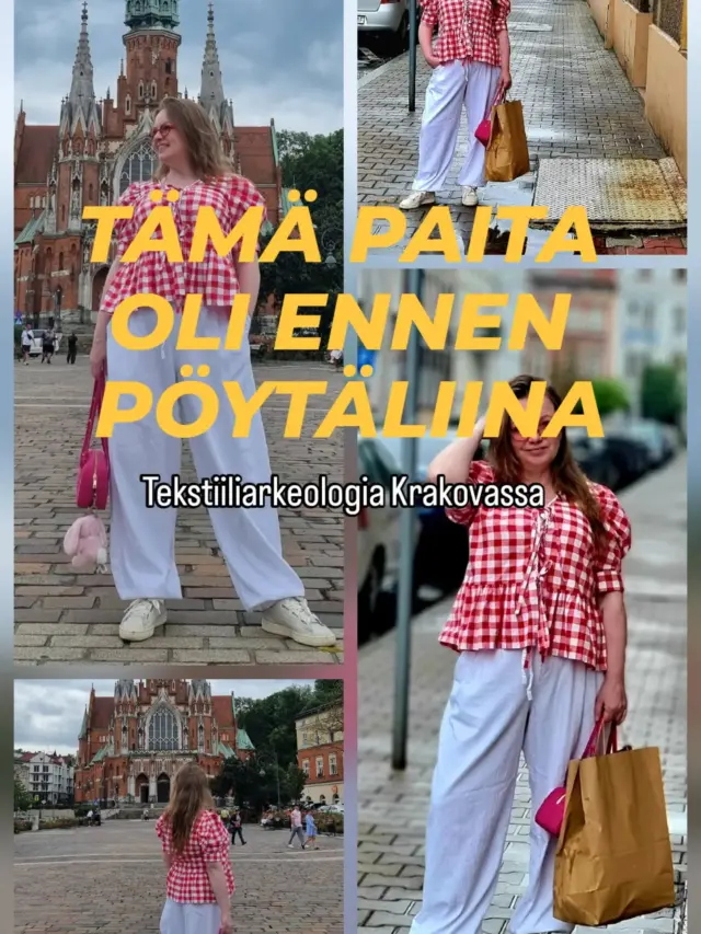 Moni näkee vanhan pöytäliinan. Minä näin mahdollisuuden. ❤️

Tämä paita on yksi Tekstiiliarkeologia-projektini suosikeista. Sen kangas löytyi kierrätyskeskuksen ilmaisosastolta, eikä siitä pitänyt koskaan tulla vaatetta.
Mutta juuri siinä piilee kierrättämisen taika.

Ompelin siitä paidan, pakkasin sen mukaan Krakovaan ja yhdistin siihen Tallinnan reissulta ostetut pellavahousut sekä kirpputorilta löytyneet lenkkarit.

Yksikään tämän asun tärkeimmistä osista ei tullut uutena kaupasta.

Minulle vaatteet eivät ole vain vaatteita. Ne ovat tarinoita, muistoja ja mahdollisuuksia nähdä vanhat materiaalit aivan uudella tavalla.

Tämä paita muistuttaa minua siitä, että joskus kaikkein kiinnostavin vaate syntyy siitä, minkä joku toinen olisi heittänyt pois.

Ja juuri tästä alkaa myös Krakovan second hand -sarjani. ❤️

Mikä on paras löytösi, joka on saanut uuden elämän? Kerro kommenteissa!

#tekstiiliarkeologia #kierrätysmuoti #refashion #krakova #secondhand