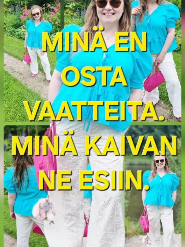 MINÄ EN OSTA VAATTEITA. MINÄ KAIVAN NE ESIIN. 💙

Tämä paita on tekstiiliarkeologiaa.

Kangas löytyi aikanaan kierrätyksestä. Se jäi odottamaan, enkä silloin vielä tiennyt, mitä siitä tulisi.
Nyt tiedän. Se muuttui paidaksi.

Ja juuri tämä on yksi parhaista asioista tekstiiliarkeologiassa: löydän materiaalin ensin ja alan vasta sitten miettiä, millainen vaate siitä voisi syntyä.
Tämä turkoosi kangas oli aivan liian herkullinen jätettäväksi käyttämättä. 💙

Yhdistin itse tehdyn paidan valkoisiin pitsihousuihin, pinkkiin laukkuun ja pinkkeihin puukenkiin. Ja lopputulos? Aivan ihana!

Minulle kierrätyksestä löytynyt kangas ei ole vanhaa tai tarpeetonta materiaalia. Se on mahdollisuus.

Mitä sinä näkisit tällaisessa kankaassa? Mitä siitä syntyisi? Kerro kommenteissa!

Ja jos tekstiiliarkeologia, ompelu, kierrätys ja vaatteiden uusi elämä kiinnostavat, seuraa VillaNannaa, näitä tarinoita tulee lisää. 💙

#tekstiiliarkeologia #kierrätysmuoti #upcycling #itseommeltu #vastuullinenmuoti 

Kangas löytyi aikanaan kierrätyksestä. Silloin en vielä tiennyt, mitä siitä tekisin.

Joskus materiaali saa odottaa pitkäänkin ennen kuin oikea idea syntyy.

Ja sitten syntyi tämä!

Rakastan tuota turkoosin sävyä aivan valtavasti. 💙
Tällaisen värin kanssa ei todellakaan tarvitse pelätä olevansa näkymätön.

Tekstiiliarkeologia on myös materiaalin näkemistä uusin silmin.

En mieti vain sitä, mitä kangas on ollut.
Mietin, mitä siitä voisi tulla.

Turkoosin seuraksi valkoista ja pinkkiä. 💙🤍🩷

Valkoiset pitsihousut rauhoittavat kokonaisuutta ja pinkit asusteet tuovat juuri sopivasti leikkisyyttä.

Minusta pukeutumisessa saa näkyä ilo!

Tätä en olisi voinut ostaa kaupasta. Se on juuri tämän vaatteen viehätys.

Kierrätyksestä löytynyt kangas + oma idea + omat kädet = uniikki vaate, jota ei tule toista vastaan. 💙

Kangas sai uuden elämän. Ja nyt se saa myös uusia tarinoita.

Tätä tekstiiliarkeologia minulle on. 💙