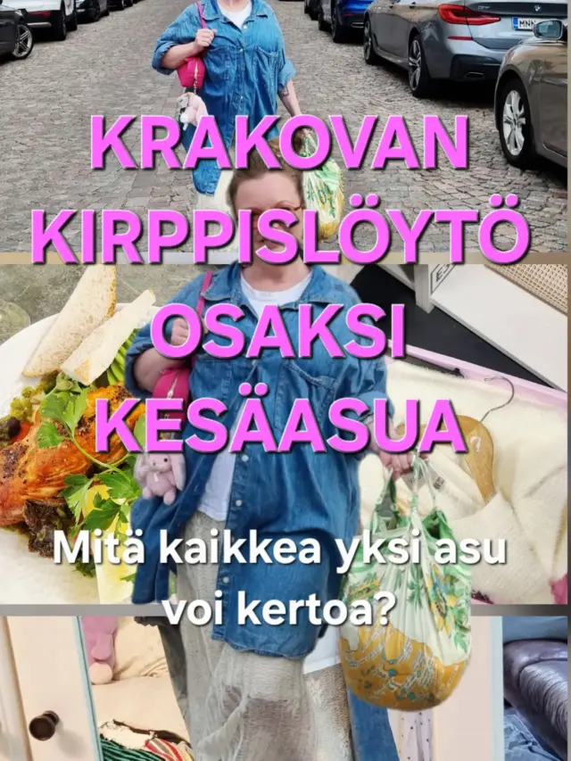 Krakovan kirppislöytö osaksi kesäasua 💙

Mitä kaikkea yksi asu voi kertoa?

Tässä asussa kohtaavat vuonna 2014 itse tehty pitsihame, mieheni vanha t-paita ja Krakovan Thriftystä löytynyt farkkupaita.

Ja oikeastaan juuri tästä pukeutumisessa pidän: vaatteilla ei tarvitse olla samaa alkuperää, jotta ne sopivat yhteen.

Tämän asun jokaisella vaatteella on oma tarinansa.

Pitsihameen tein itse vuonna 2014. T-paita on mieheni vanha ja farkkupaita on Krakovan kirppislöytö.

Kun nämä yhdistää, syntyy kesäasu, joka ei ole uusi, mutta tuntuu silti ihan omalta ja ajankohtaiselta.Tämän asun jokaisella vaatteella on oma tarinansa.

Pitsihameen tein itse vuonna 2014. T-paita on mieheni vanha ja farkkupaita on Krakovan kirppislöytö.

Kun nämä yhdistää, syntyy kesäasu, joka ei ole uusi, mutta tuntuu silti ihan omalta ja ajankohtaiselta.

Kolme vaatetta, kolme tarinaa:

🤍 Pitsihame – itse tehty vuonna 2014
🤍 T-paita – miehen vanha
💙 Farkkupaita – Thrifty, Krakova

Tämä on minulle parhaimmillaan sitä, mitä vaatekaappipäiväkirja tarkoittaa. Kaivellaan vaatekaapin, kirpputorien ja menneiden vuosien aarteita ja annetaan niille uusi yhteinen tarina.

Farkkupaidan löysin Krakovan Thriftystä, Kalwaryjska-kadulta.

Se oli yksi Krakovan second hand -liikkeistä, joissa kävimme matkalla. Käytettyjen vaatteiden etsimisessä parasta on juuri se, ettei koskaan voi tietää, mitä vastaan tulee.

En yleensä lähde etsimään tiettyä vaatetta. Joskus vaate löytää minut. 💙

Ja eilen jatkoin samaa teemaa täällä Helsingissä.

Kävin tämän kesän viimeisellä kirppiskierroksella: Bella-kirppiksellä, Moody Mondayssa ja Fidan/UFFissa.

Kirpputorilla ei tarvitse aina lähteä etsimään mitään tiettyä. Joskus on ihan parasta vain katsella, hypistellä materiaaleja ja antaa jonkin kiinnostavan vaatteen tai esineen yllättää.

Minulle hyvä pukeutuminen ei tarkoita sitä, että kaikki olisi ostettu uutena. Päinvastoin.

Rakastan sitä, että itse tehty vaate voi olla yli kymmenen vuotta vanha, miehen vanha t-paita voi saada uuden roolin ja Krakovan kirpputorilta löytynyt farkkupaita voi päätyä osaksi suomalaista kesäpäivää.

Vaatteen arvo ei lopu siihen, kun se lähtee ensimmäisen omistajan kaapista. ♻️

Kirppiskierro
