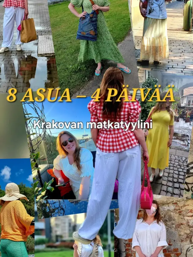 8 ASUA – 4 PÄIVÄÄ.

Mutta oikeastaan nämä kahdeksan asua kertovat paljon enemmän kuin vain siitä, mitä puin Krakovassa.
Ne kertovat siitä, millainen minun vaatekaappini on.
Mukana oli itse tehtyjä vaatteita, kirpparilöytöjä, second handia, vanhoja vaatteita ja tekstiilejä, joille olen antanut uuden elämän.

Ensimmäinen asu oli matka-asu: leggarit ja oversize-kauluspaita.

Tulopäivän illalla vaihdoin hippihenkiseen kokonaisuuteen, jossa itse tehdyt housut saivat seurakseen kirpparilta löytyneen paidan ja vanhasta tyynyliinasta tehdyn bandanan.

Sitten oli itse tehty ruutupaita ja valkoiset housut.
Ja se keltainen illallismekko. 💛

Mekko, jonka tein jo vuosia sitten kankaasta, jonka sain mieheni sukulaiselta. Olin pitkään ajatellut kuvaavani sen ihan toisella tavalla, mutta lopulta mekko päätyikin matkalaukkuun ja Krakovan illalliselle.

Rannalle lähtiessä puin itse tekemäni farkkulassin ja itse tehdyn ranta-asun.

Illalla vaihdoin valkoiseen unelmaan.
Ja viimeisenä päivänä päälle päätyi Inspirosta löytämäni second hand -hame.

Kahdeksan asua. Neljä päivää. Ja vain yksi matkalaukku.
Minusta matkavaatekaapin ei tarvitse tarkoittaa sitä, että ostetaan ennen matkaa kokonaan uusi garderobi.
Paljon kiinnostavampaa on katsoa, mitä omasta vaatekaapista jo löytyy.

Mitä voi yhdistellä uudella tavalla?
Mitä voisi ommella itse?
Mikä kirpparilöytö ansaitsee uuden mahdollisuuden?
Entä mikä vanha tekstiili voisi muuttua joksikin aivan muuksi?

Siksi nämä Krakovan asut ovat minulle enemmän kuin matkakuvia. Ne ovat pieni vaatekaappipäiväkirja neljän päivän ajalta. ❤️

Ja ehkä juuri siksi halusin palata näihin vielä nyt, vaikka itse Krakovan matkasta on jo aikaa.

Mikä näistä kahdeksasta asusta on sinun suosikkisi? 1–8? 👇

#krakova #krakow #matkapukeutuminen #matkaasut #persoonallinenpukeutuminen

Asu 1 – Matkalle

MATKA-ASU ✈️

Leggarit ja oversize-kauluspaita.
Ensimmäisen päivän asussa tärkeintä oli mukavuus, mutta tietenkin omalla tyylillä.

Asu 2 – Tulopäivän ilta

HIPPIÄ KRAKOVAN ILLASSA 🌿

Itse tehdyt housut, kirpparilta löytynyt paita ja tyynyliinasta tehty bandana.
Tässä asussa on ehkä kaikkein eniten sitä VillaNannan ajatusta: itse tehtyä, löydettyä ja vanhalle teksti