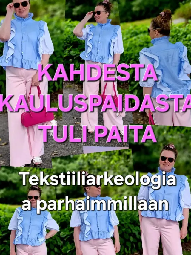 Mitä kahdesta kauluspaidasta voi tehdä?

Minä tein niistä tämän. 💙

Tämä paita on osa tekstiiliarkeologiaani ja tällä kertaa projekti ei todellakaan ollut mikään helppo suoritus.

Lähtökohtana oli kaksi kauluspaitaa. Toinen vaaleansininen ja toinen luonnonvalkoinen. Aluksi minulla oli mielessä yksi idea, mutta kuten ompeluprojekteissa joskus käy, suunnitelma ei lopulta toiminutkaan.
Sitten kokeilin uudelleen.

Ja purin.
Muutin.
Sovittelin.
Kokeilin taas.

Mikään versio ei tuntunut ihan oikealta ennen kuin lopulta syntyi tämä.

Vaaleansininen röyhelöpaita, jossa on korkea kaulus, runsaat yksityiskohdat, puhvihihat ja ehkä tärkeimpänä juuri sopivasti sitä omaa persoonallisuutta.
Tässä projektissa parasta ei ehkä ole edes valmis paita, vaan se prosessi, jonka kautta siihen päädyin.

Tekstiiliarkeologia on minulle juuri tätä: olemassa olevan materiaalin katsomista uusin silmin. Sen sijaan, että miettisin, mitä uutta voisin ostaa, mietin mitä voisin tehdä jo olemassa olevasta.

Ja joskus kahdesta kauluspaidasta voi löytyä aivan uusi lempivaate. 💙

Oletko sinä koskaan purkanut vanhaa vaatetta ja tehnyt siitä jotain aivan muuta?

👉 Kerro kommenteissa: mitä sinä olisit tehnyt näistä kahdesta kauluspaidasta?

#tekstiiliarkeologia #vaatteidentuunaus #itseommeltu #kierrätysvaatteet #hidasmuoti

Näistä kahdesta kaikki alkoi. 👀

Ensimmäinen kurkistus valmiiseen paitaan. 💙

Tässä kohtaa tiesin: nyt se on valmis.

👯 Lähetä tämä sille ystävälle, joka rakastaa vaatteiden tuunaamista.

Ja takana on ehkä koko paidan paras yllätys. 👀

Röyhelöitä? Kyllä. Ja aika paljon. 😄

💬 Kerro, mikä paidan yksityiskohta on sinun suosikkisi.

Kahdesta kauluspaidasta. Yksi ihan uusi lempivaate. 💙

Sivusta näkee, miten paljon paita liikkuu.

💾 Tallenna tämä inspiraatioksi seuraavaan ompeluprojektiisi.
