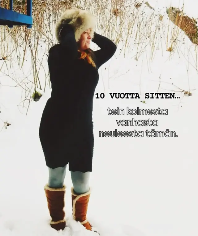 Kymmenen vuotta sitten tein kolmesta vanhasta neuleesta tämän. 😄❄️

Historian havinaa VillaNannan arkistoista: tein tämän after ski -asun jo vuonna 2016 ja nostin sen uudelleen blogiin vuonna 2021.

Kolme vanhaa neuletta, vähän kaavojen yhdistelyä ja ajatus lämpimästä talviasusta. Lopputulos oli tämä. Ja kyllä, valtava karvahattu kuului ehdottomasti kokonaisuuteen. 😂

Hauskinta on huomata, että vaikka tästä on jo kymmenen vuotta, ajatus ei ole muuttunut kovinkaan paljon: ennen kuin vanhasta vaatteesta luopuu, voi miettiä, mitä muuta siitä voisi tulla.

Pukisitko tämän vielä vuonna 2026? 😄

💾 Tallenna inspiraatioksi, jos kaapistasi löytyy vanhoja neuleita.
↗️ Ja lähetä tämä sille, joka säästää kaikki vanhat villapaitansa “jos niistä joskus tekisi jotain”.

After ski -asu syntyi kolmesta vanhasta neuleesta vuonna 2016.

Kaavaa ei tähän tietenkään ollut sellaisenaan. 😄

Ajatus oli tehdä lämmin vaate talvipäiviin ja après-ski-tunnelmaan.

Après-ski VillaNannan tapaan. 😂