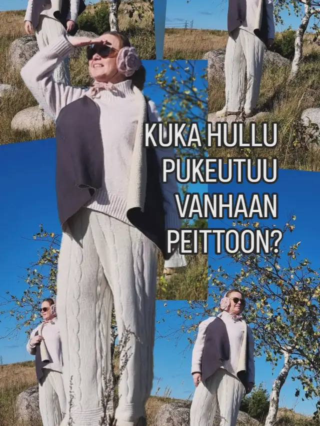 Kuka hullu pukeutuu vanhaan peittoon?! 😂

No minä tietenkin!

Nämä neulehousut ompelin vanhasta peitosta. Ja tuo epäsymmetrinen liivi? Se syntyi kangastilkusta ilman ainuttakaan ommelta.

Joskus parhaat vaatteet syntyvät siitä, mitä sattuu jo löytymään. Ei aina tarvita uutta kangasta, eikä näköjään edes ompelukonetta!

Ja kyllä, tällaisessa asussa voisin aivan hyvin lähteä Zakopaneen viettämään après-ski-päivää. Puuttuu vain lumi. 😂

Arvasitko, että housut ovat vanha peitto? Entä kumpaa ideaa kokeilisit itse, peittohousuja vai ompelematonta liiviä?

💾 Tallenna inspiraatioksi ja ↗️ jaa kaverille, joka näkee vanhoissa tekstiileissä uusia mahdollisuuksia! ✂️ Seuraa @villananna, jos vanhasta uutta ja vähän överit vaateideat ovat sinun juttusi!

#kierrätysmuoti #vaatteidentuunaus #itseTehtyVaate 

Näyttääkö tämä muka vanhalta peitolta? 😂

Ja tältä kokonaisuus näyttää takaa.

Liivi syntyi tilkusta. Ei yhtään ommelta!

Peitto sai uuden tehtävän. Ja minä uudet housut.

Après-ski-tunnelma valmiina. Missä se lumi viipyy? 😂